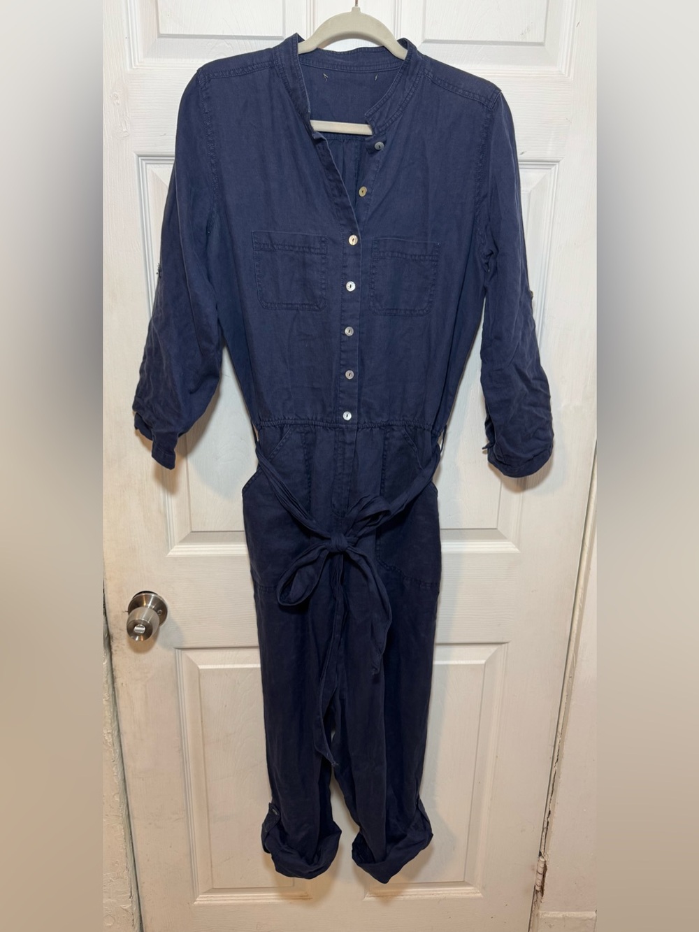 Chelsea & Violet Linen Navy Guerilla Giesha Jumpsuit Rolltab Sleeves & Pants